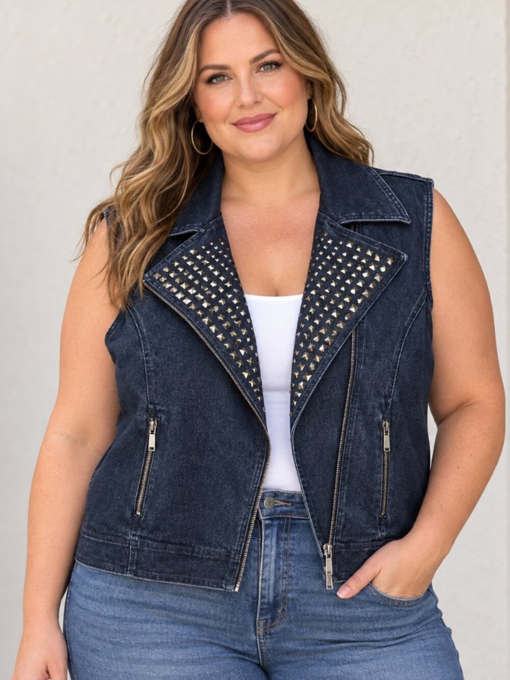 Diane Gilman DG2 sz 1X studded denim moto vest asymmetrical zip